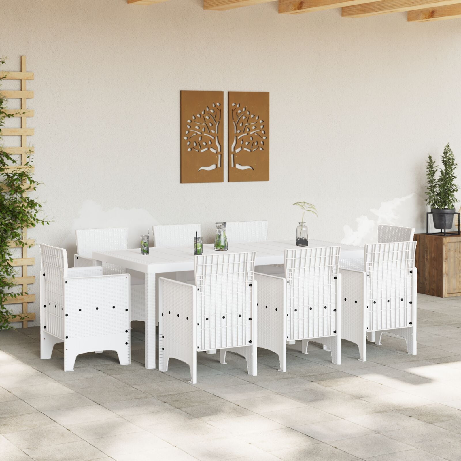 HKH Conjunto de Jantar de 9 Peças com Almofadas Rattan Sintético - Branco