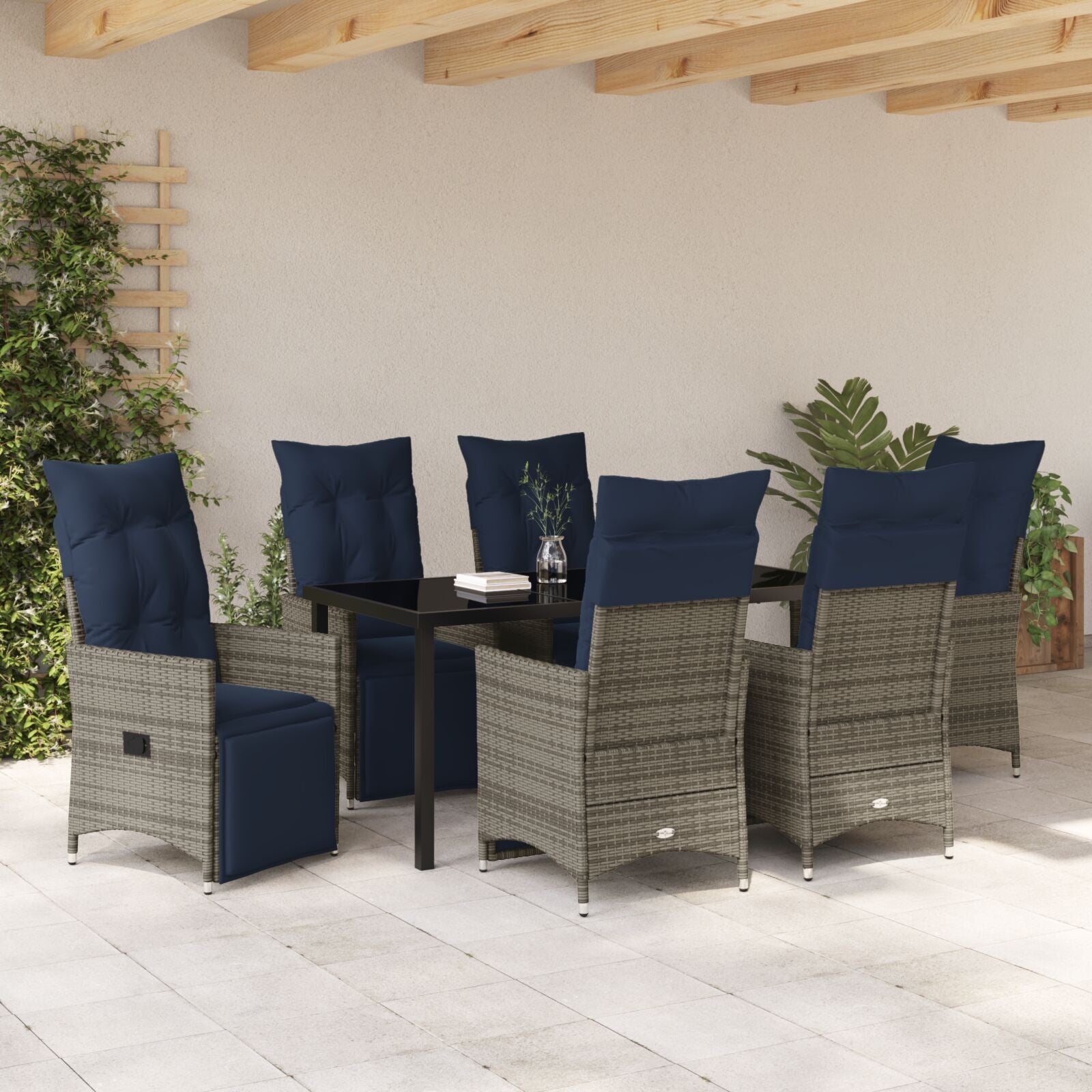 Conjunto de Jantar HKH de 7 Peças com Almofadas em Rattan Cinza, Mesa de Jardim HKH Preta 160x80x73 Cm com Vidro Temperado - Azul
