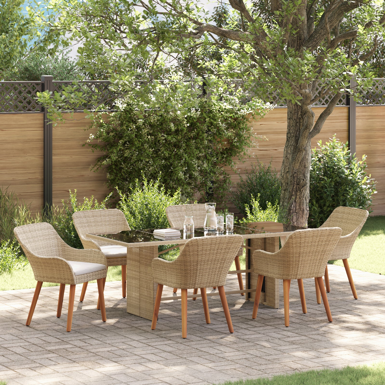 HKH Conjunto de Jantar de Jardim 7 Peças Rattan Poly - Bege