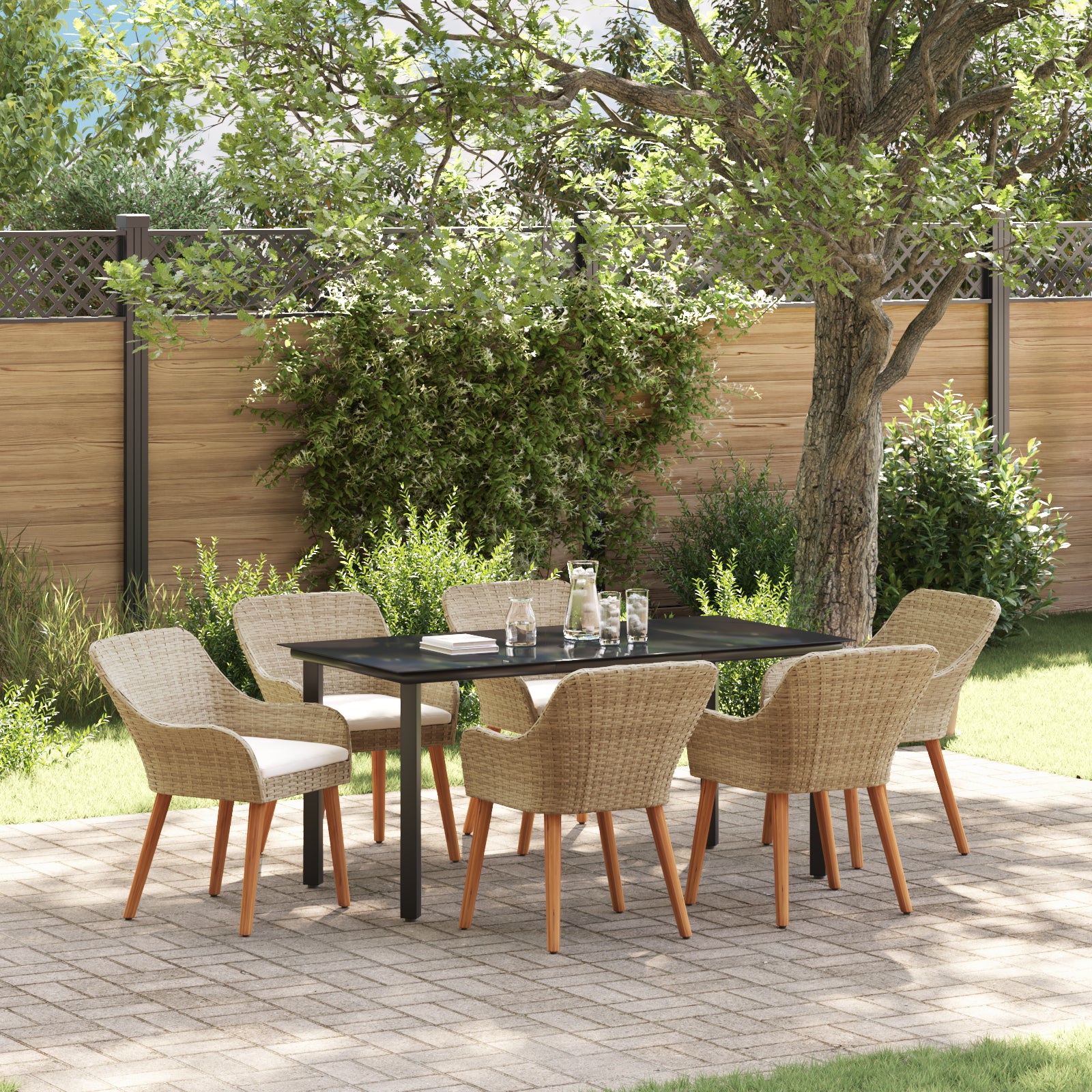 HKH Conjunto de Jantar de Jardim de 7 Peças Rattan Poly - Bege