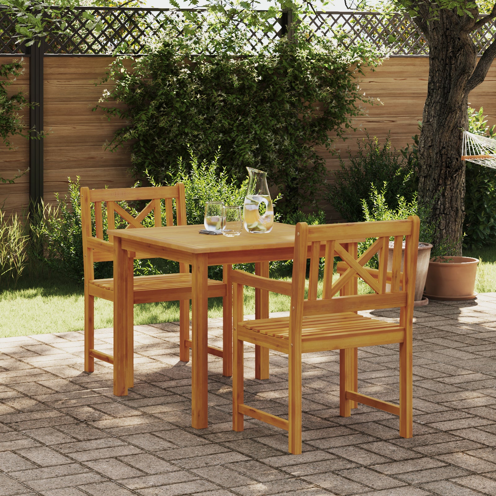 Conjunto de Jantar Jardim HKH 3 Peças Madeira Maciça Acácia, Cadeiras de Jardim HKH 2 Pcs 56x56x90 Cm Madeira Maciça Acácia - Castanho