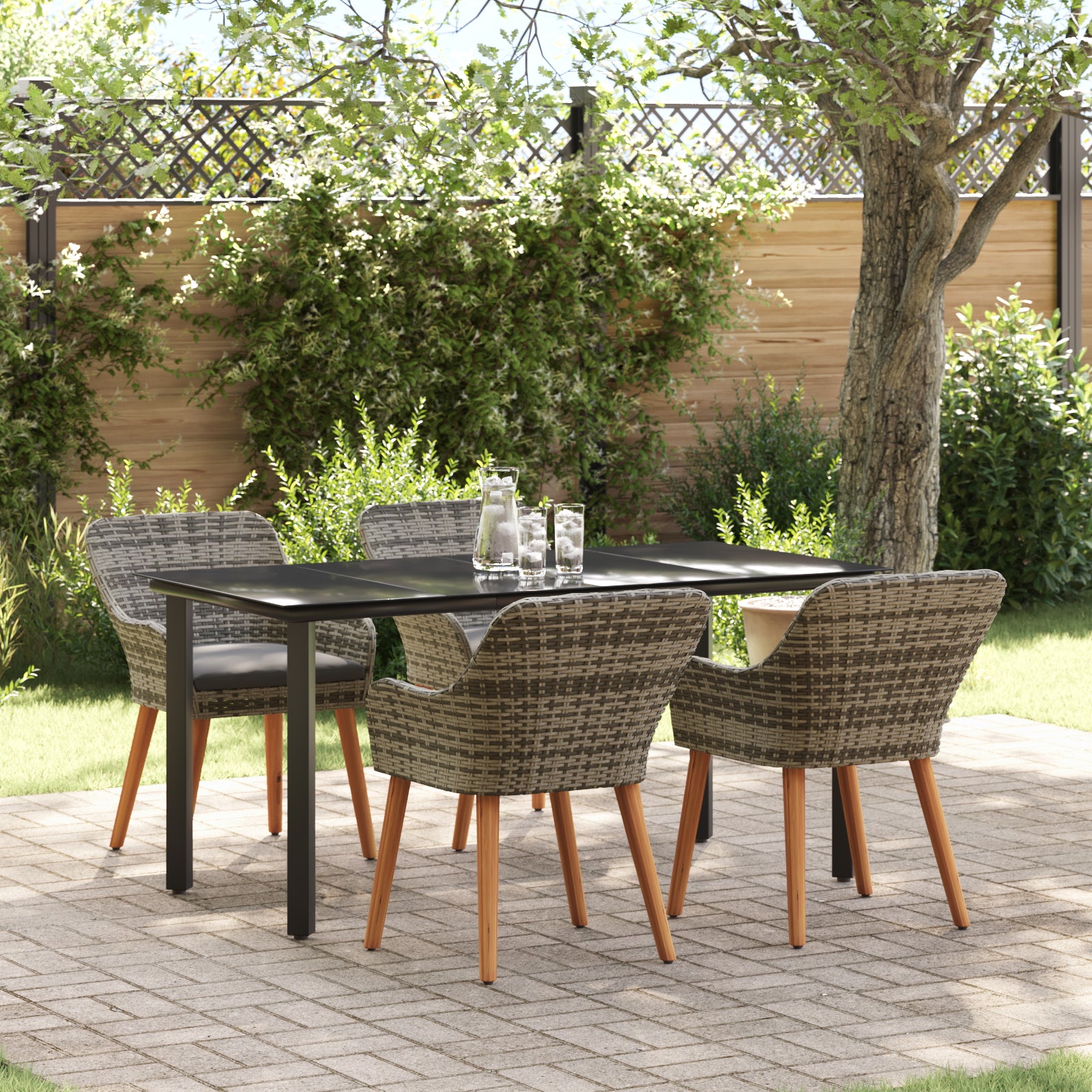 HKH Conjunto de Jantar de Jardim com 5 Peças em Rattan Cinza - Cinzento