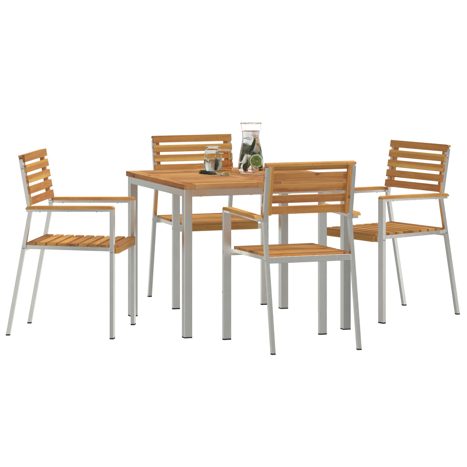 Conjunto de Jantar de 5 Peças de Madeira Sólida de Acácia Hkh, Mesa de Jantar Ao Ar Livre 90x90x74.5 Cm de Madeira Sólida de Acácia Hkh, Cadeiras de Jardim Empilháveis 4 Pcs de Madeira Sólida de Acácia e Aço HKH - Castanho