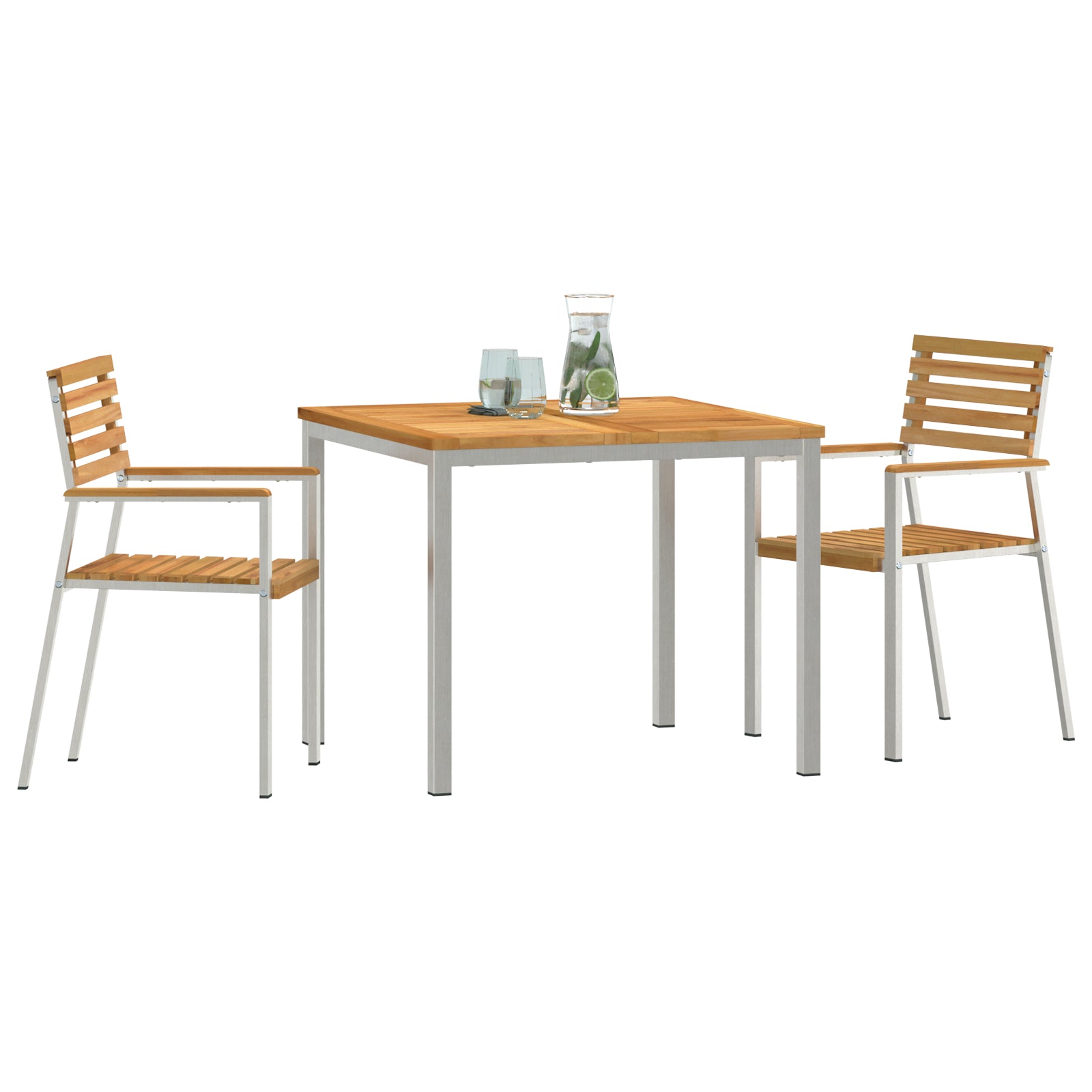 Conjunto de Jantar de 3 Peças HKH Madeira de Teca Maciça, Mesa de Jantar Ao Ar Livre HKH 90x90x74.5 Cm Madeira de Teca Maciça, Cadeiras de Jardim Empilháveis HKH 2 Pcs Madeira de Teca Maciça e Aço - Castanho