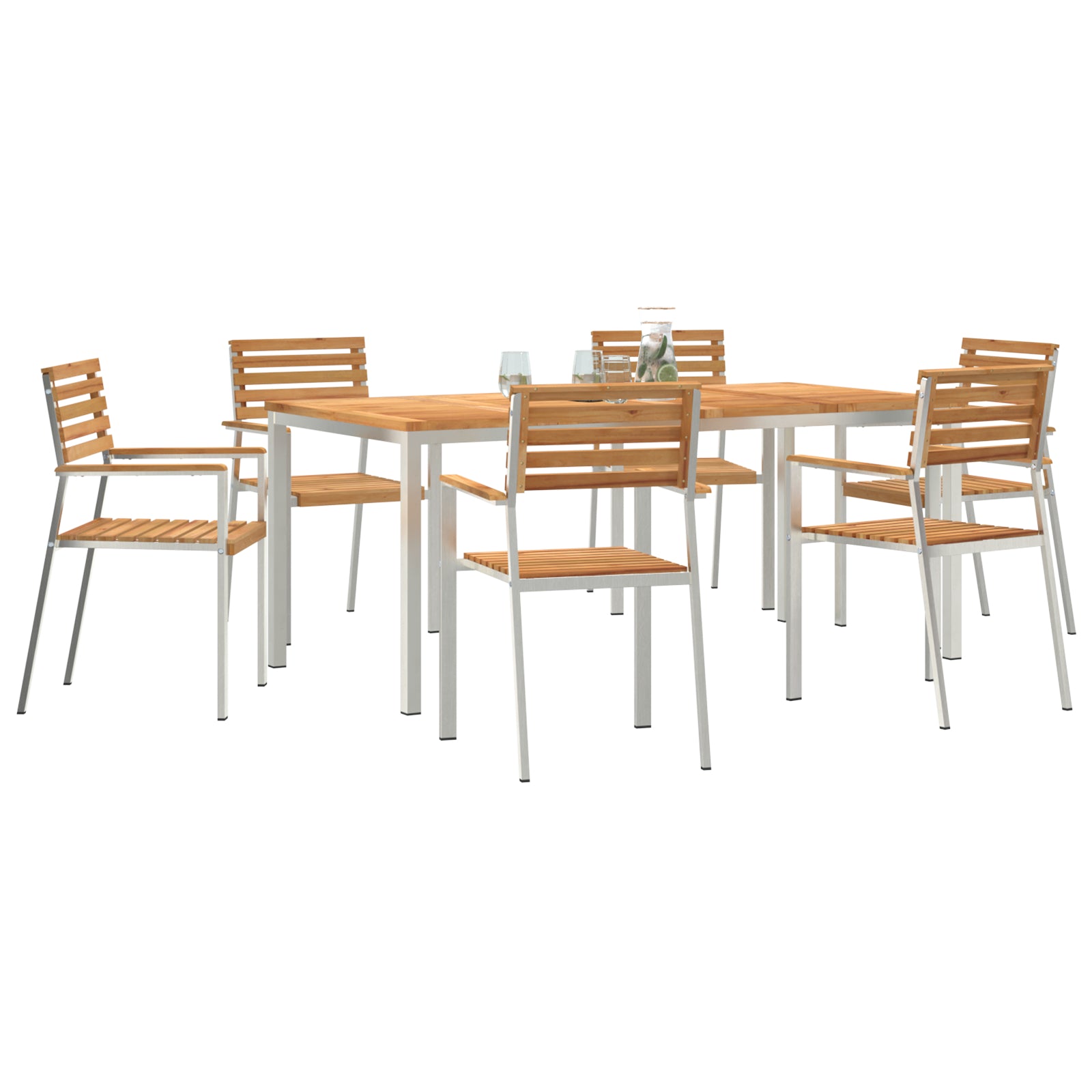 HKH Conjunto de Jantar de Jardim de 7 Peças em Madeira Sólida de Teca com Mesa de Jantar Externa 180x90x75 Cm + 2 Cadeiras Empilháveis + 4 Cadeiras Empilháveis - Castanho