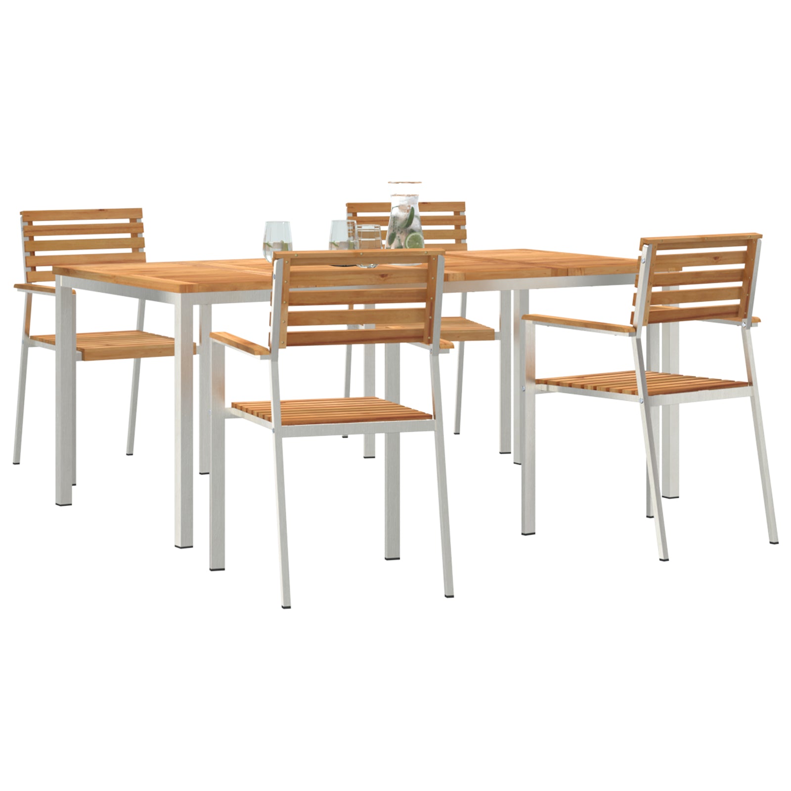 Conjunto de Jantar de 5 Peças HKH Madeira Sólida de Teca, Mesa de Jantar Ao Ar Livre HKH 180x90x75 Cm Madeira Sólida de Teca, Cadeiras de Jardim Empilháveis HKH 4 Pcs Madeira Sólida de Teca e Aço - Castanho