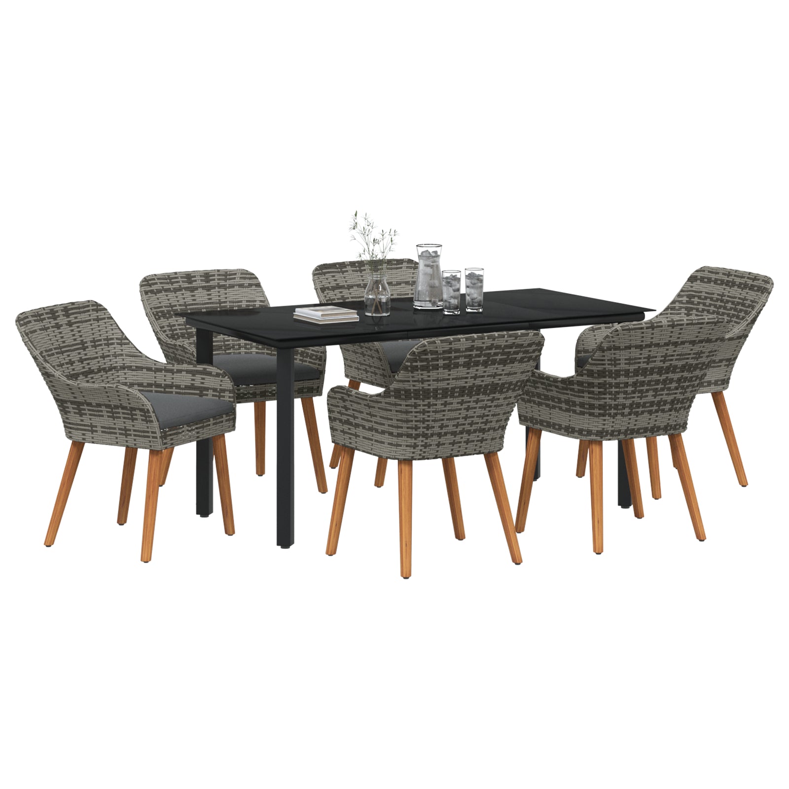 HKH Conjunto de Jantar de Jardim com 7 Peças em Rattan Poly Cinza - Cinzento