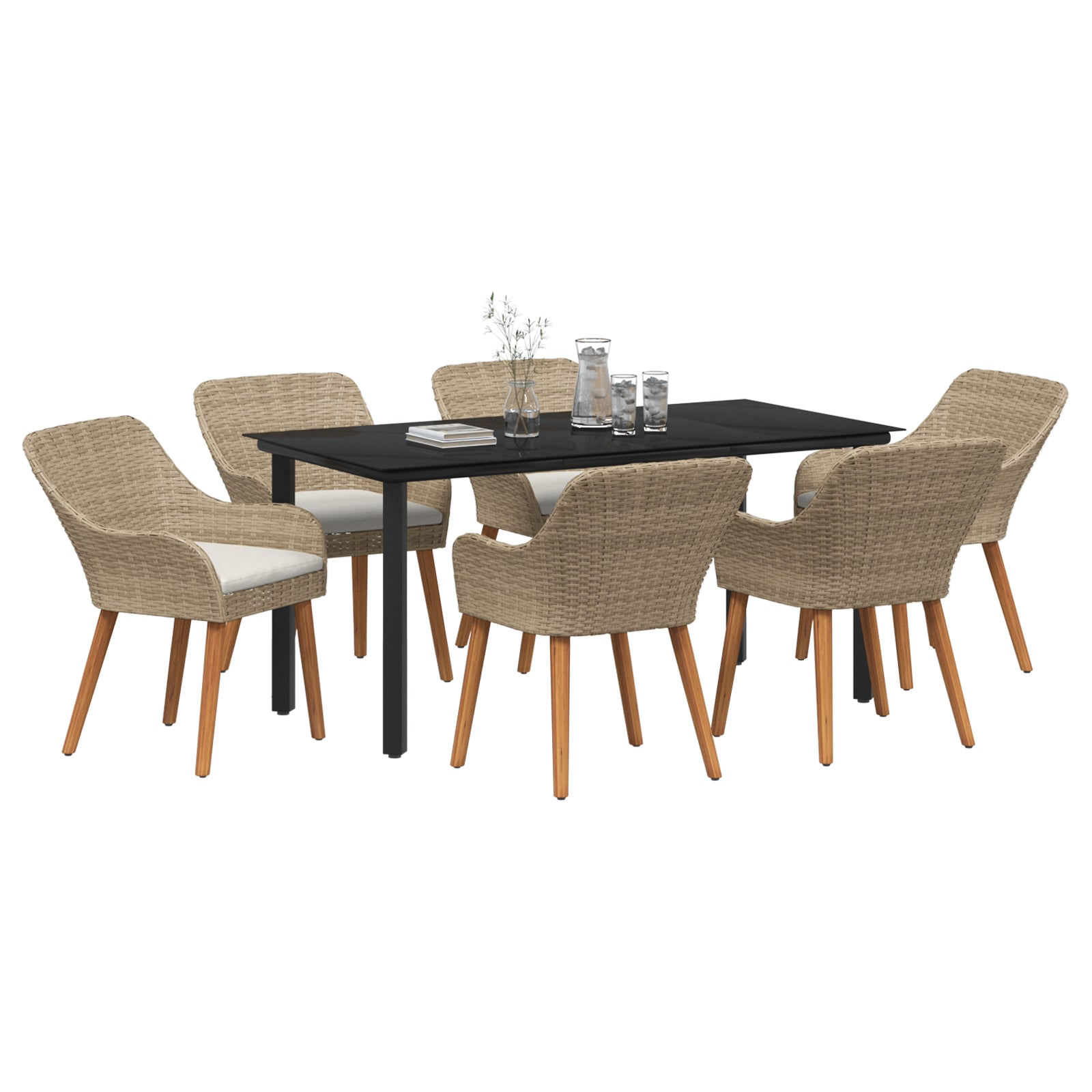 HKH Conjunto de Jantar de Jardim de 7 Peças Rattan Poly - Bege