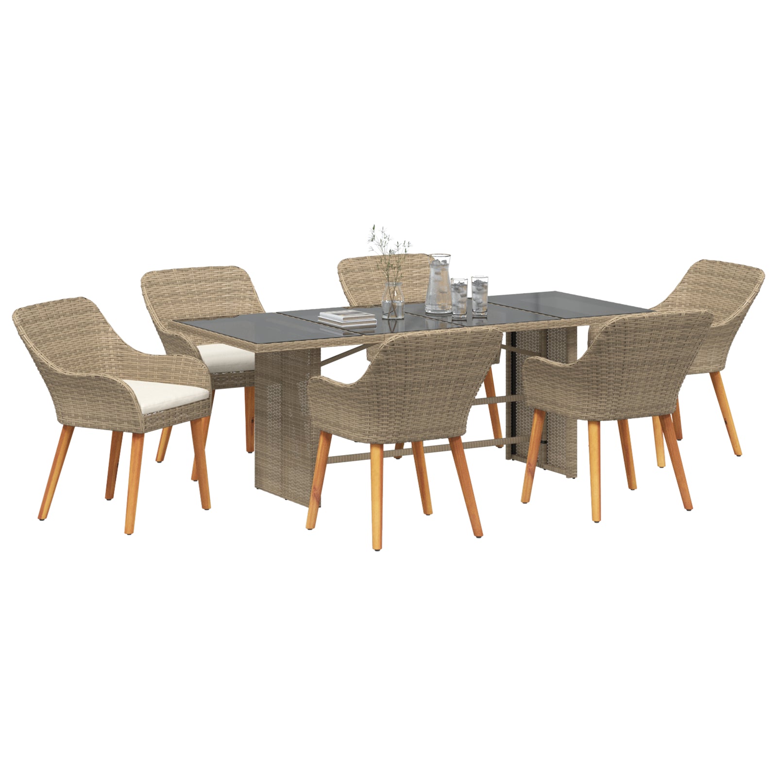 HKH Conjunto de Jantar de Jardim 7 Peças Rattan Poly - Bege