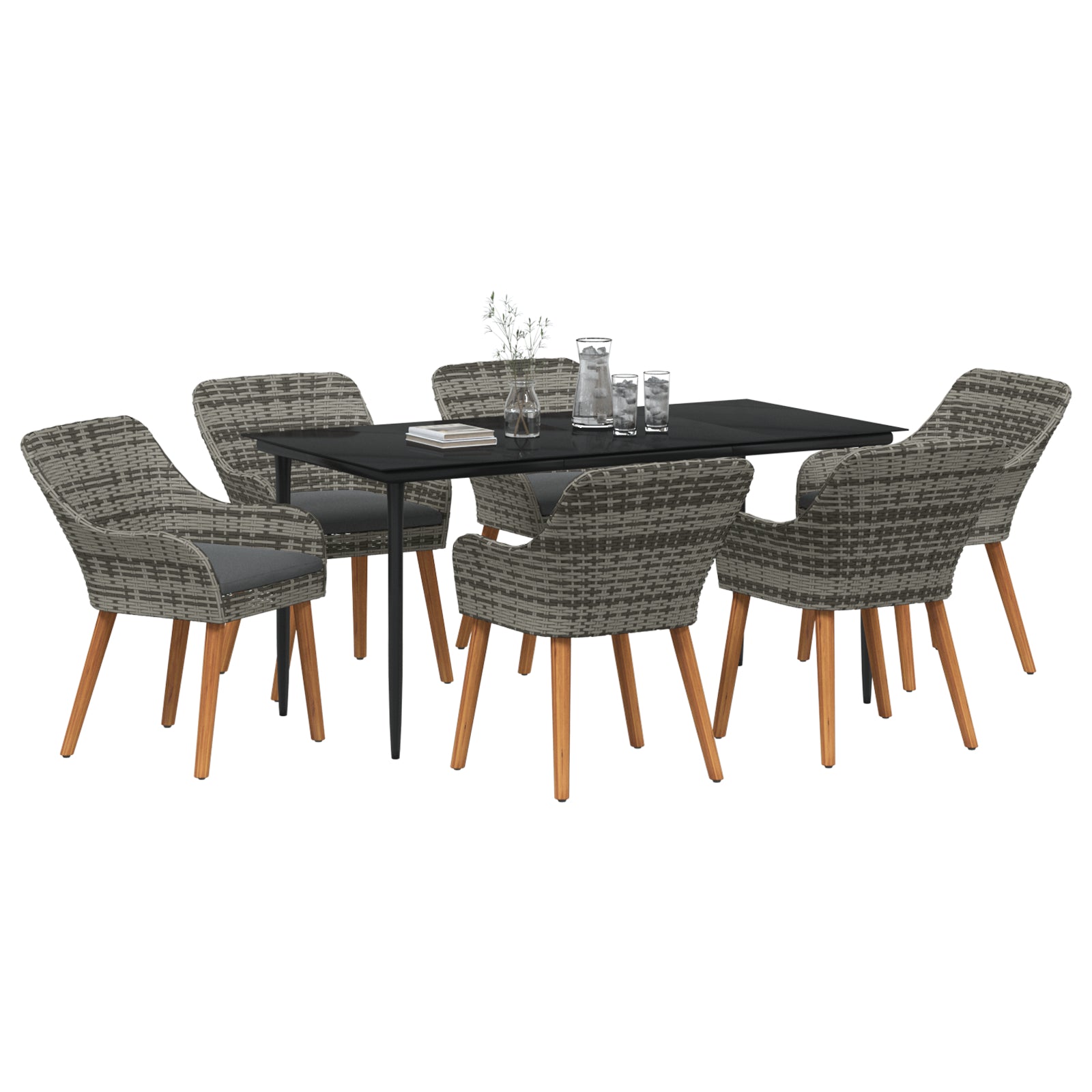 HKH Conjunto de Jantar de Jardim com 7 Peças em Rattan Cinza - Cinzento