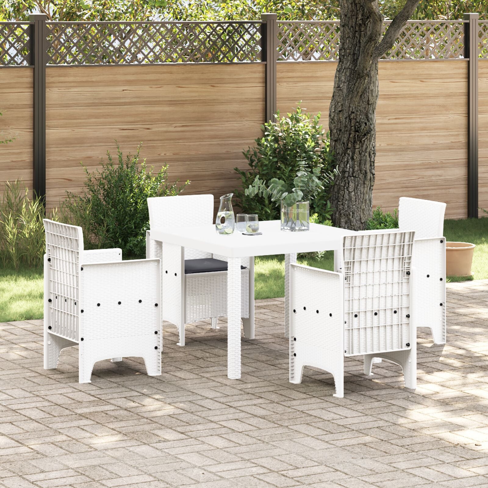 HKH Conjunto de Jantar de 5 Peças para Jardim com Almofadas Rattan Sintético - Branco