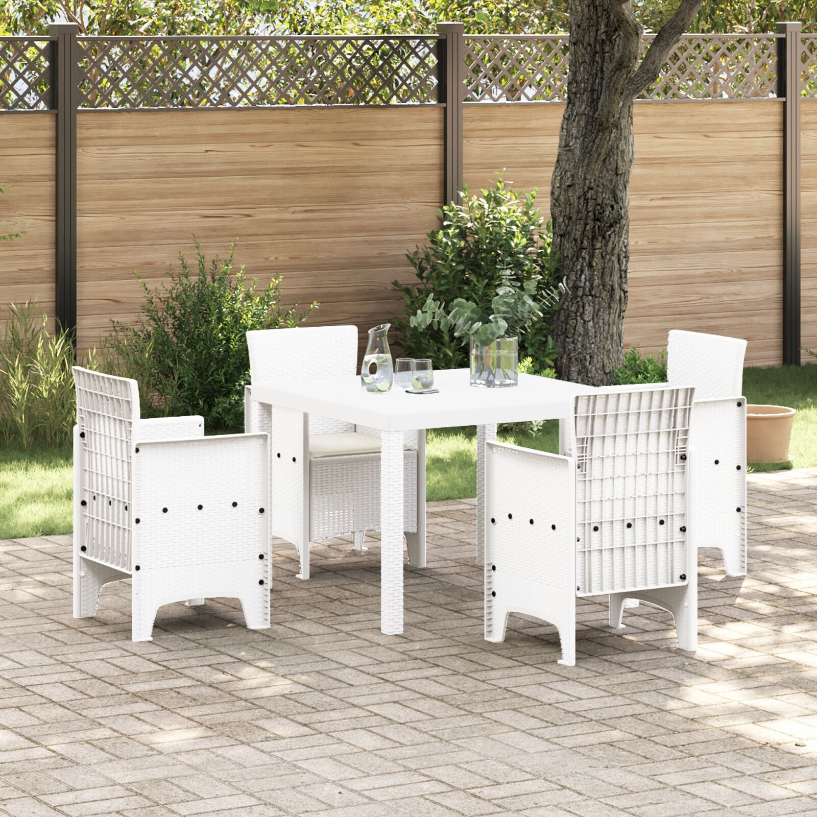 HKH Conjunto de Jantar de 5 Peças para Jardim com Almofadas Vime Sintético - Branco