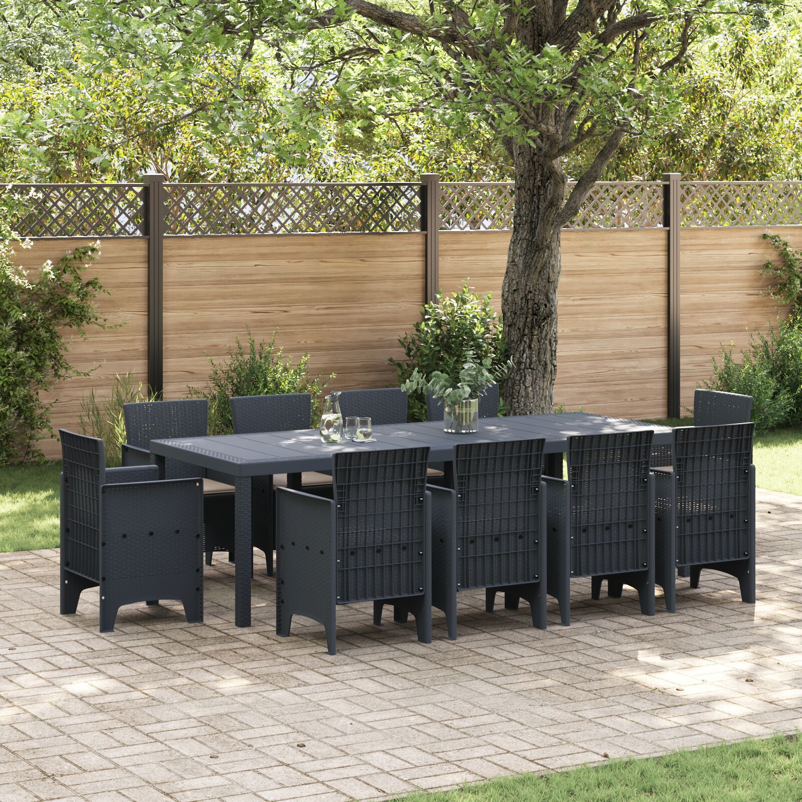 HKH Conjunto de Jantar de 11 Peças com Almofadas Antracite Poli Rattan - Preto