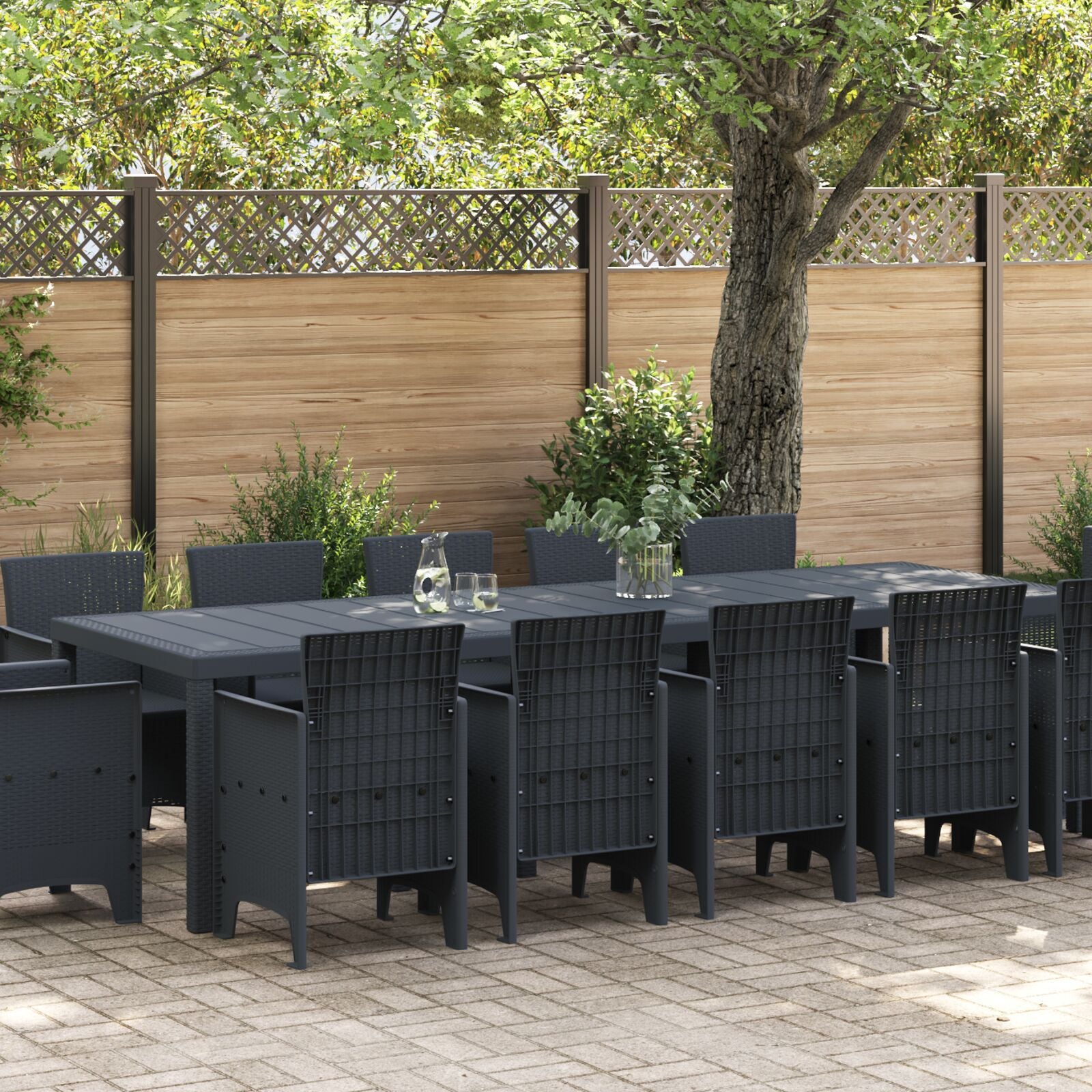 Conjunto de Jantar HKH de 13 Peças em Polirattan, Mesa de Jardim HKH 150x100x73 Cm em Polirattan, Cadeiras de Jardim HKH 4 Pcs em Polirattan - Antracite
