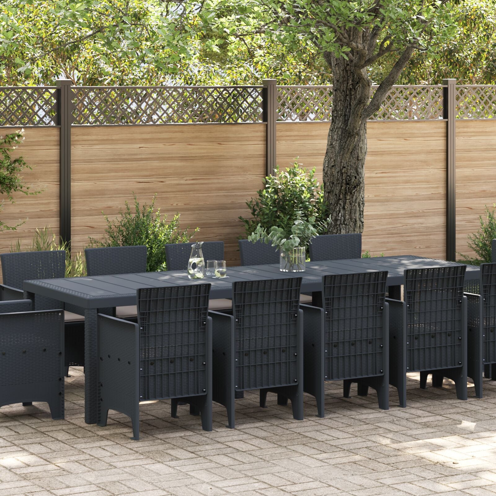 Conjunto de Jantar HKH de 13 Peças com Almofadas Vime Polimérico, Mesa de Jardim HKH 150x100x73 Cm Vime Polimérico, Cadeiras de Jardim HKH com Almofadas 4 Pcs Vime Polimérico - Antracite