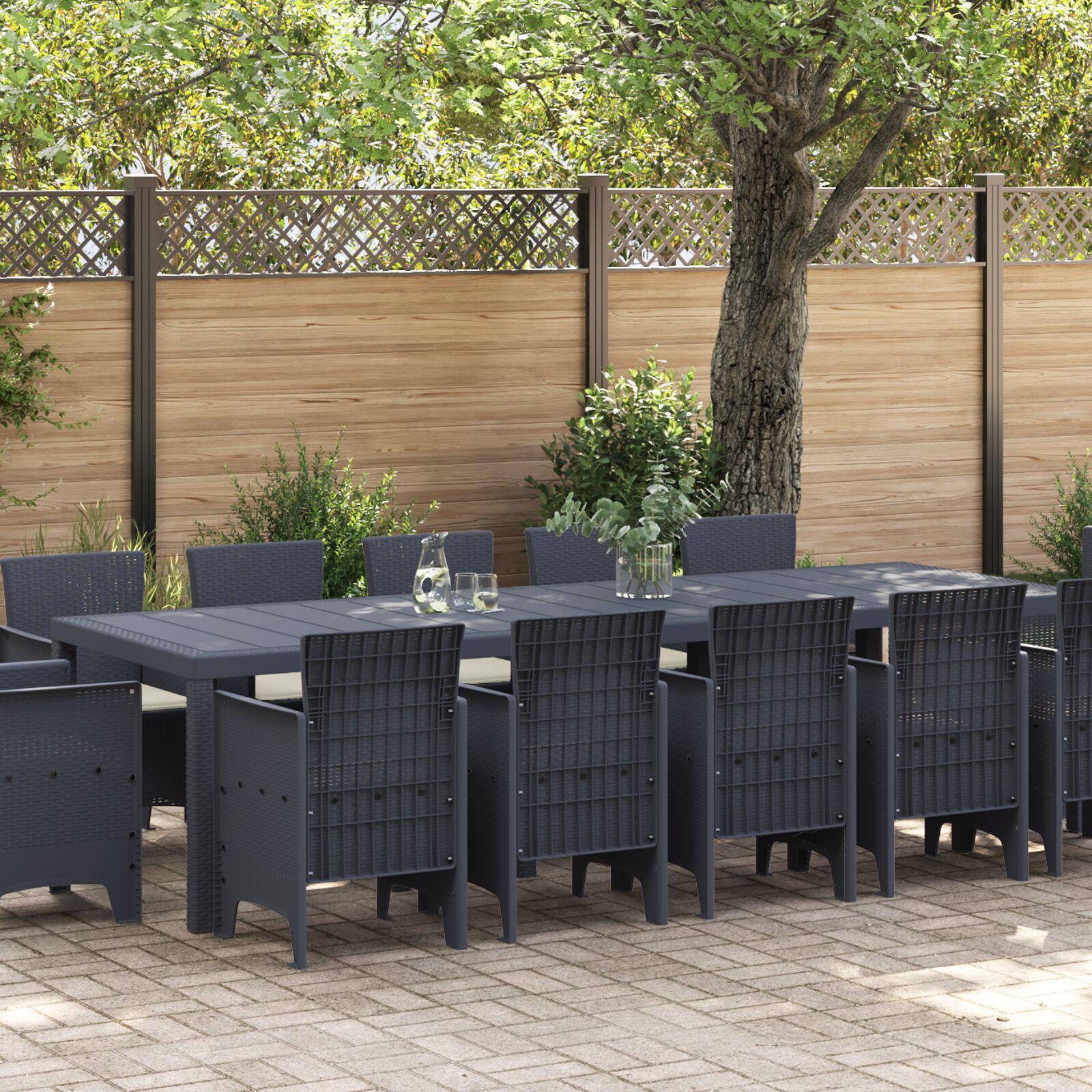 HKH Conjunto de Jantar para Jardim com 13 Peças e Almofadas em Polirattan , Mesa de Jardim HKH 150x100x73 Cm Polirattan, Cadeiras de Jardim HKH com Almofadas 4 Pcs Polirattan - Antracite