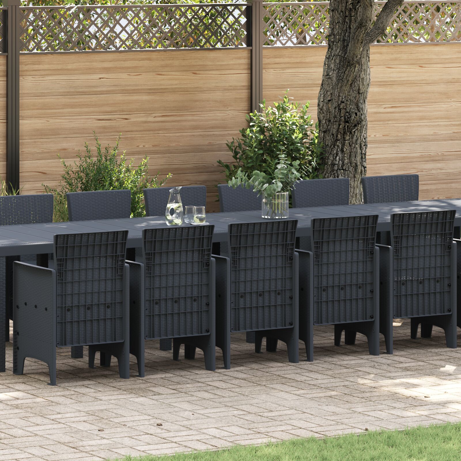 HKH Conjunto de Jantar para Jardim de 17 Peças e Almofadas em Rattan Poliéster com Mesa 250x100x73 Cm + Mesa 150x100x73 Cm + 4 Cadeiras com Almofadas - Antracite