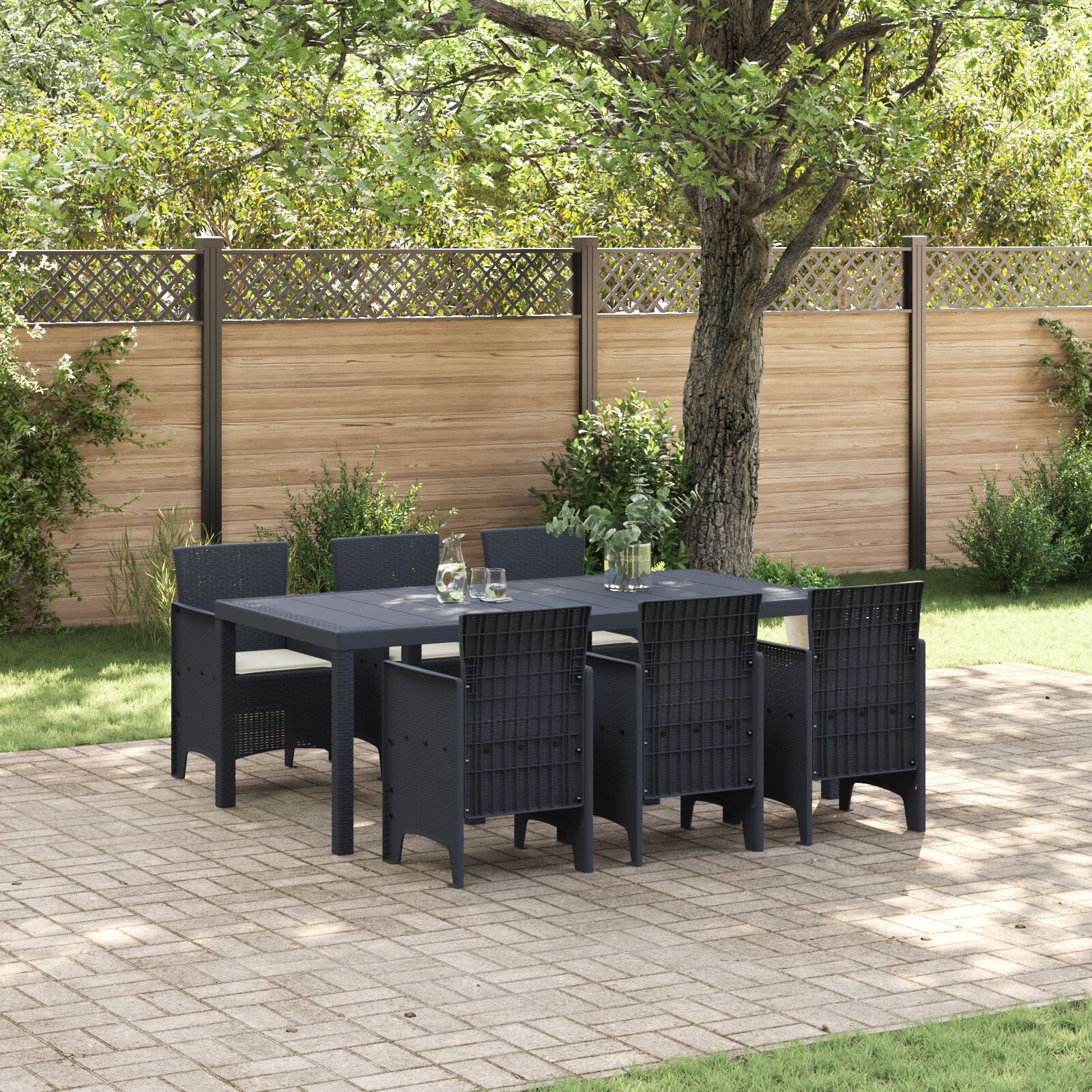 HKH Conjunto de Jantar de Jardim de 7 Peças com Almofadas Rattan - Preto