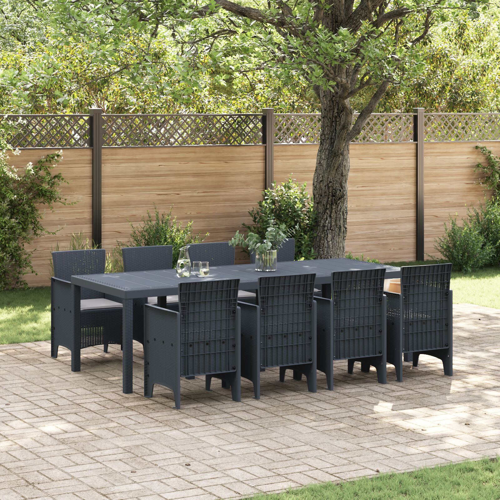 HKH Conjunto de Jantar de 9 Peças com Almofadas Anthracite Poly Rattan - Preto