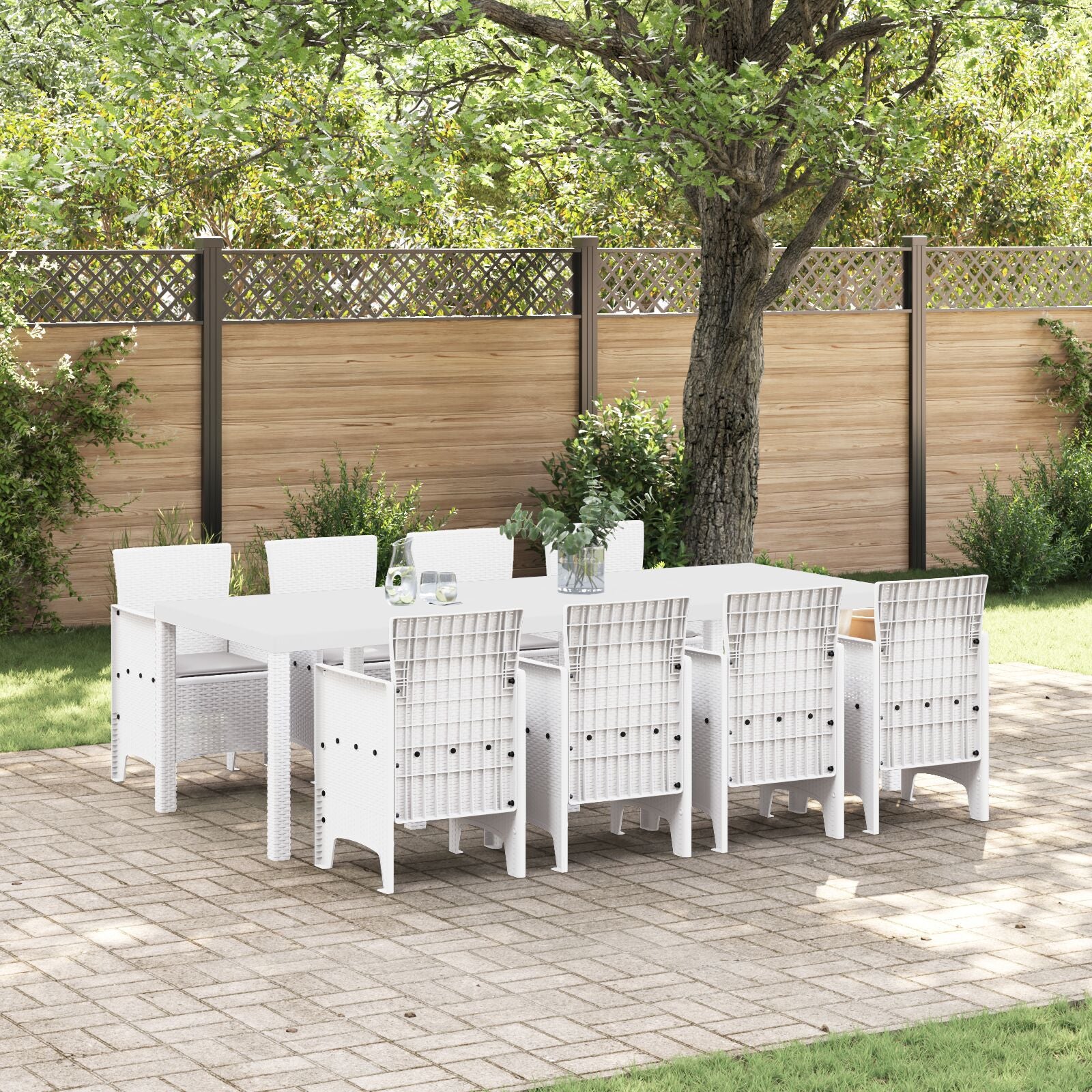 HKH Conjunto de Jantar de Jardim com 9 Peças e Almofadas em Rattan Sintético Cinza Claro - Branco