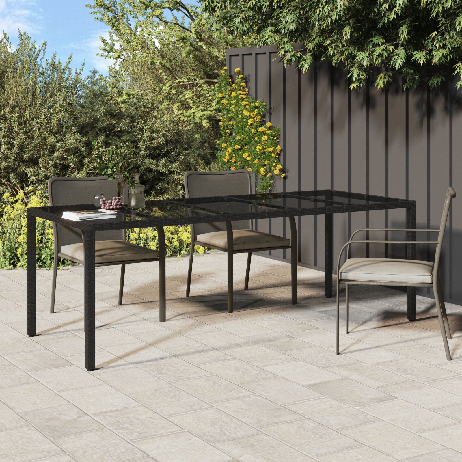 HKH Mesa de Jantar de Jardim Preta Rattan Poliéster - Preto