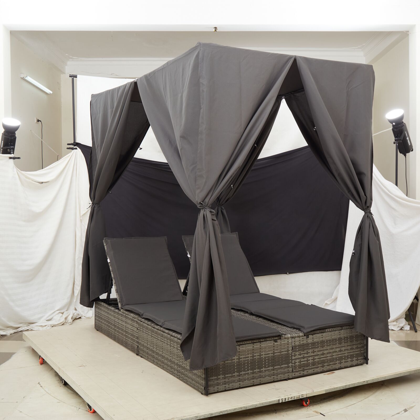 HKH Chaise Longue Double Com Teto E Cortinas Cinza Em Rattan Sintético - Cinzento