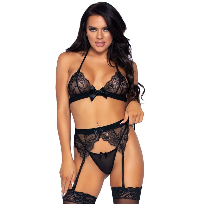 Leg Avenue Três Peas Set Top, Cinta Liga e G-string L