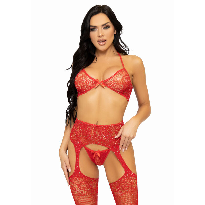 Leg Avenue Conjunto Três Peas Suti, Cordo e Meia Tamanho Único - Vermelho