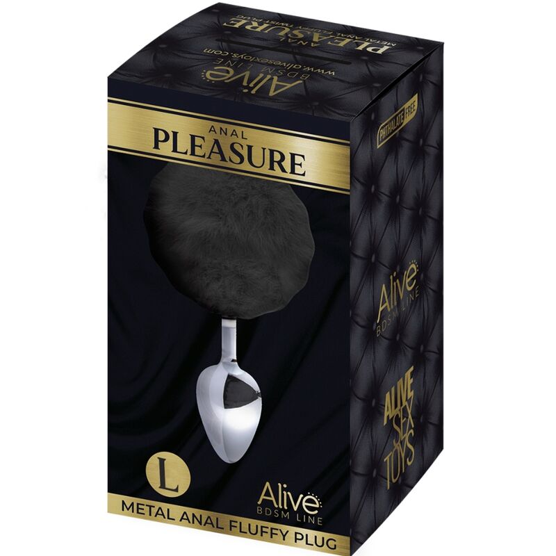 Alive Plug de Prazer Anal Metal Liso Fluffy Preto Tamanho L