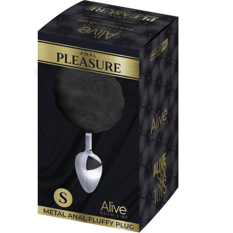 Alive Plug de Prazer Anal Metal Liso Fluffy Preto Tamanho S