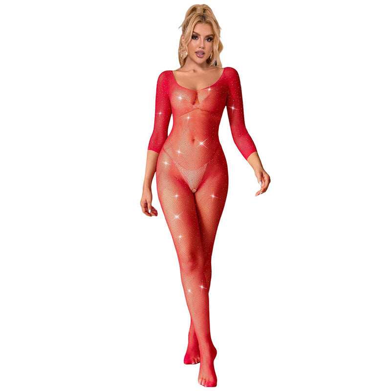 Subblime 952419 Bodystocking de Rede Com Diamantes Manga Comprida Vermelho Tamanho Único