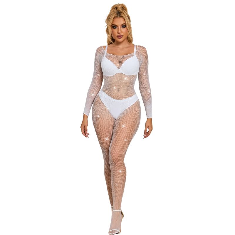 Subblime 952396 Bodystocking de Rede Com Diamantes Manga Comprida Branco Tamanho Único
