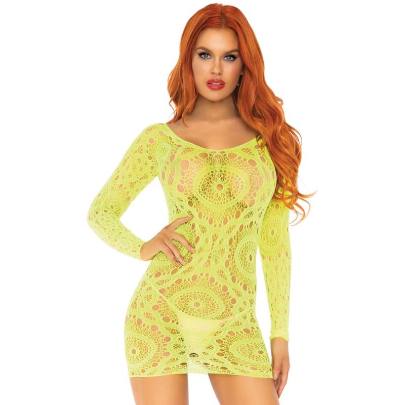 Leg Avenue Mini Vestido de Renda de Crochê de Manga Comprida Neon Tamanho Único