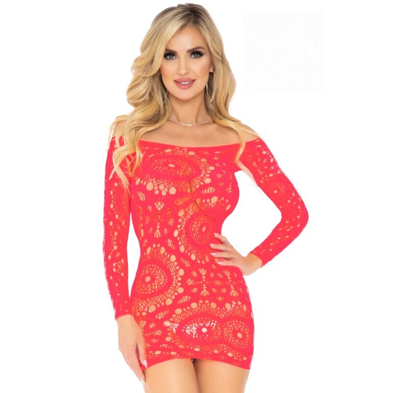 Leg Avenue Mini Vestido de Crochê de Renda Manga Comprida Vermelho Tamanho Único