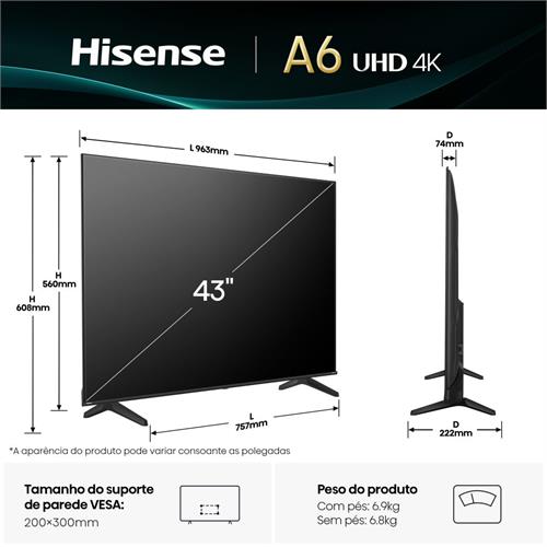 Hisense Smart TV LED 43" UHD 4K 3HDMI 2USB 43A6Q