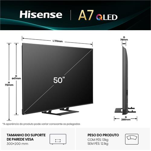 Hisense Smart TV 50" QLED UHD 4K 3HDMI 50A7Q