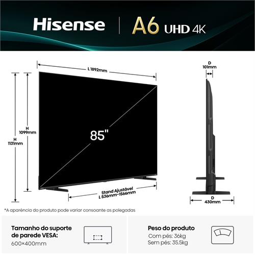 Hisense Smart TV 85" UHD 4K 3HDMI 2USB 85A6Q