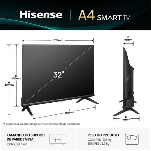 Hisense Smart TV LED 32" 2HDMI USB Wi-Fi 32A4Q