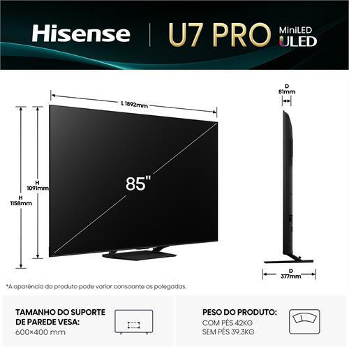 Hisense Smart TV MINI LED 85" UHD 4K 85U7QPRO