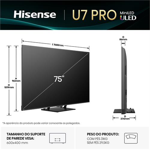 Hisense Smart TV MINI LED 75" UHD 4K 75U7QPRO