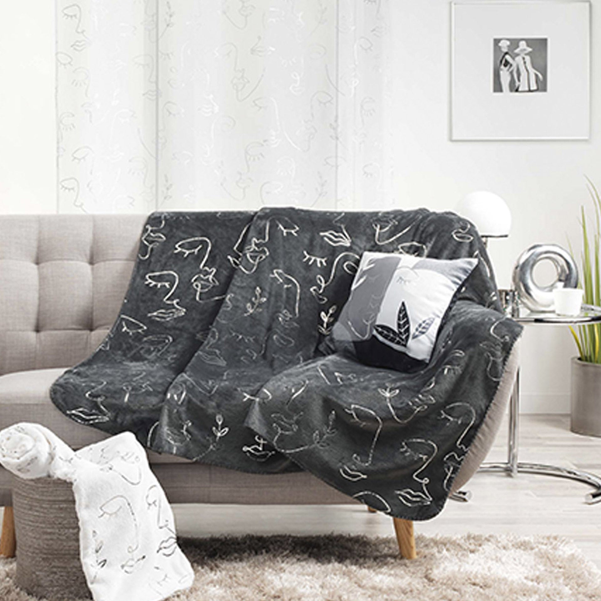 HKH Manta Escocesa Franela Estampada Metallic Arty Line Plata Blanco